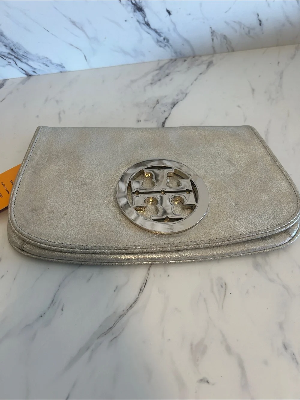 Tory Burch Metallic Silver Logo Wristlet Clutch